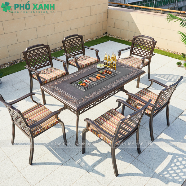 Bàn nhôm đúc kết hợp nướng than 6 ghế sân vườn ngoài trời BND-NML15090D