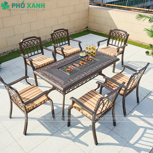 Bàn nhôm đúc kết hợp nướng than 6 ghế sân vườn ngoài trời BND-NML15090D