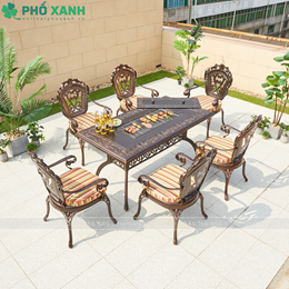 Bàn nhôm đúc mặt liền kết hợp nướng BBQ 6 ghế biệt thự nhà hàng BND-NML15090TTD