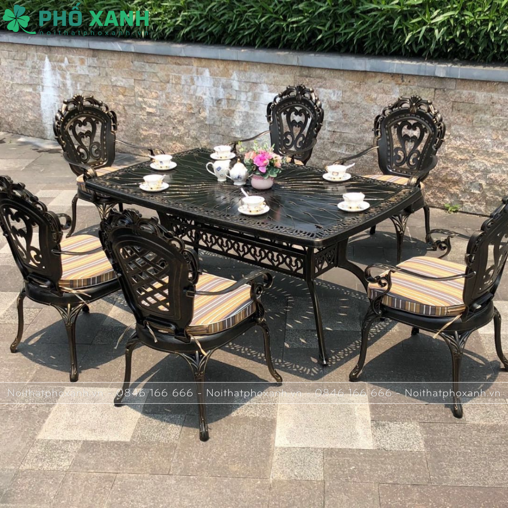 Bộ bàn ghế nhôm đúc 6 ghế ngoài trời hình chữ nhật BND-165105D