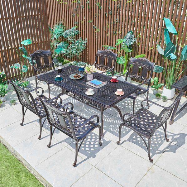 Bộ bàn ghế nhôm đúc hình chữ nhật cho 6-8 người mã BND-17090CCD