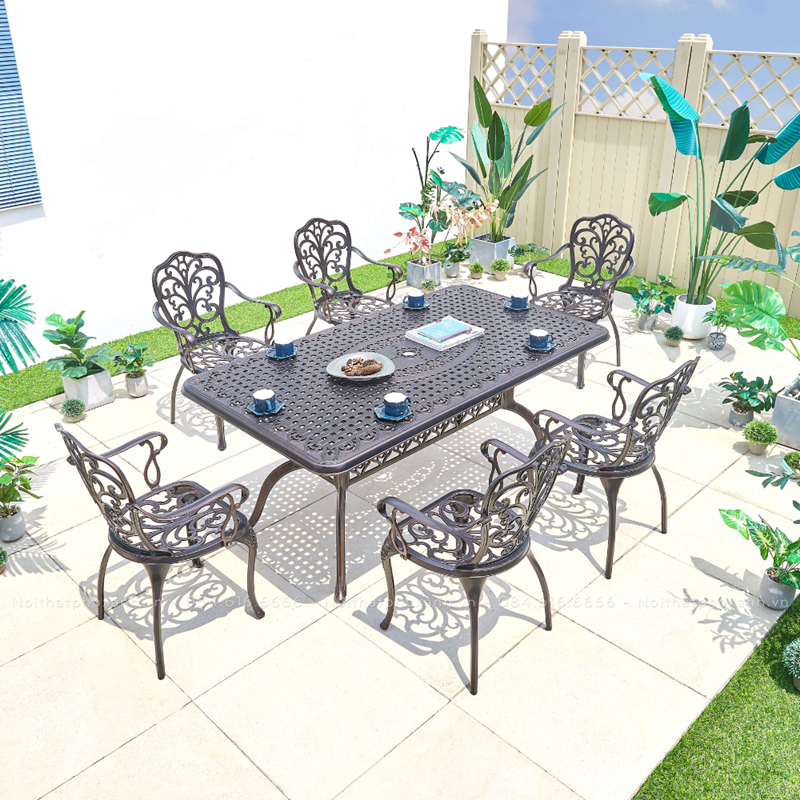 Bộ b&agrave;n ghế s&acirc;n vườn nh&ocirc;m đ&uacute;c h&igrave;nh chữ nhật BND-17090HDD