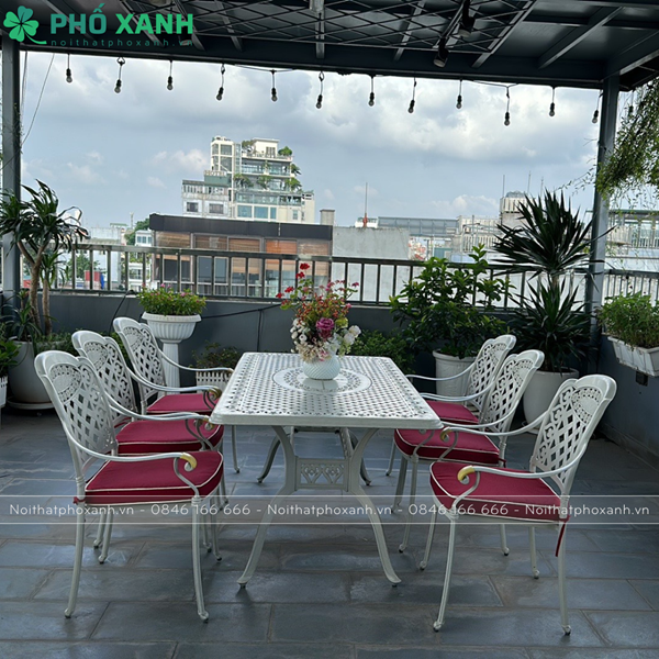 Bộ bàn ghế nhôm đúc sân vườn hình chữ nhật 6 - 8 ghế BND-17090TK