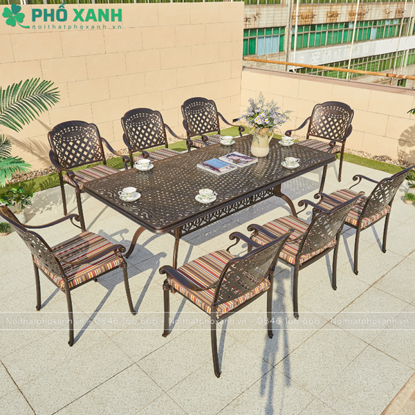 Bộ bàn ghế nhôm đúc ngoài trời hình chữ nhật BND-21001100D