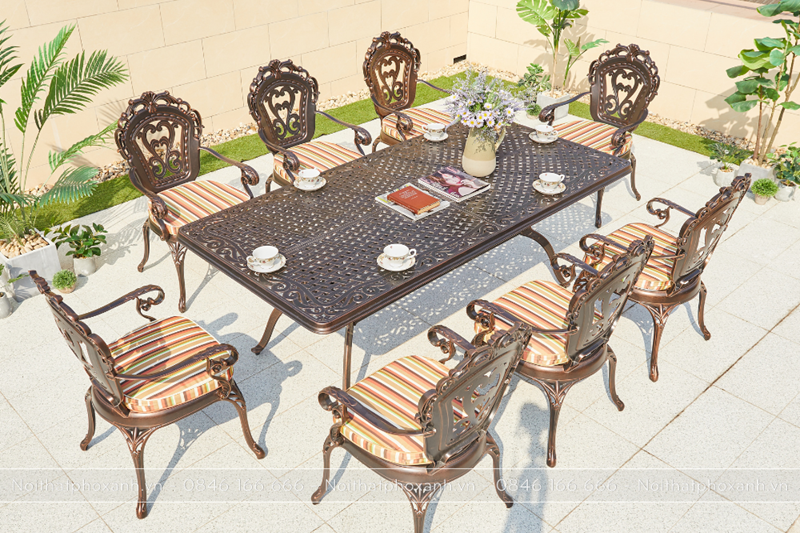 Bộ b&agrave;n ghế nh&ocirc;m đ&uacute;c s&acirc;n vườn h&igrave;nh chữ nhật BND-21001100TTD