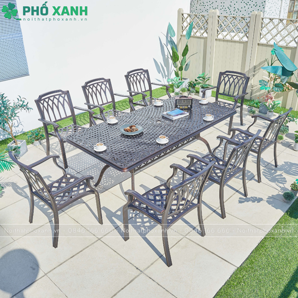 Bộ bàn ghế nhôm đúc hình chữ nhật sân vườn biệt thự BND-21001100VD