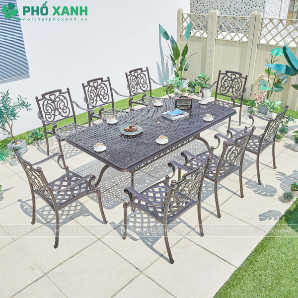 Bộ bàn ghế nhôm đúc hình chữ nhật sân vườn biệt thự BND-21001100VD