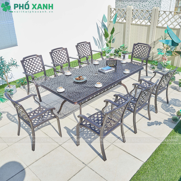 Bộ bàn ghế nhôm đúc hình chữ nhật sân vườn biệt thự BND-21001100VD