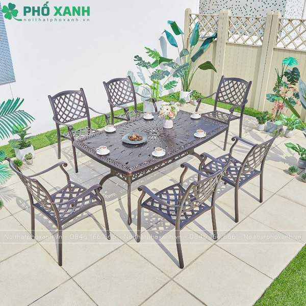 Bộ bàn ghế nhôm đúc biệt thự sân vườn hình chữ nhật 6 ghế BND-L1650105D
