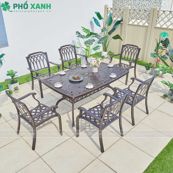 Bộ bàn ghế nhôm đúc biệt thự sân vườn hình chữ nhật 6 ghế BND-L1650105D