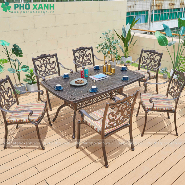 Bộ bàn ghế nhôm đúc biệt thự sân vườn hình chữ nhật 6 ghế BND-L1650105D