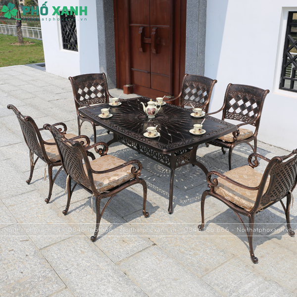 Bộ bàn ghế nhôm đúc ngoài trời hình chữ nhật cho 6 người BND-LD165105CCD