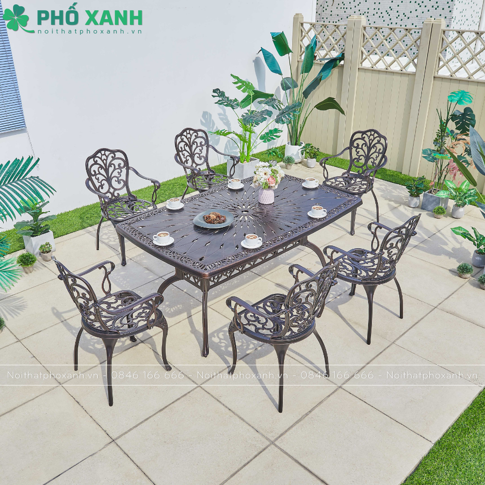 Bàn nhôm đúc sân vườn hình chữ nhật cho 6 người BND-LD165105HHD