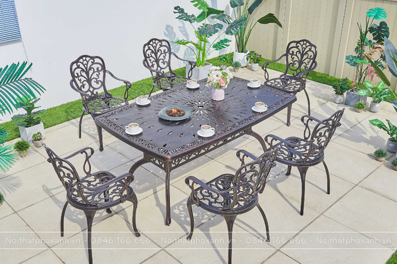 B&agrave;n nh&ocirc;m đ&uacute;c s&acirc;n vườn h&igrave;nh chữ nhật