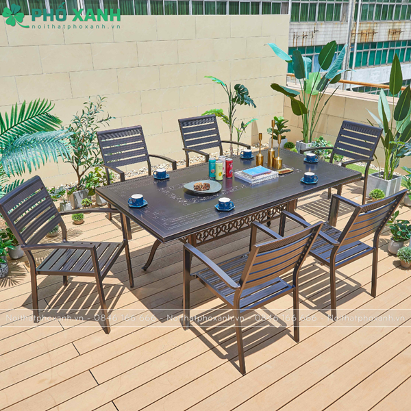 Bộ bàn ghế nhôm đúc mặt liền hình chữ nhật 6 ghế BND-ML19098VD
