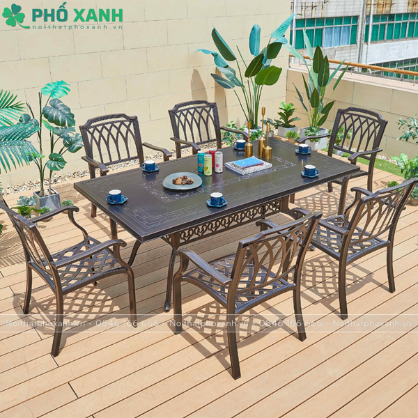 Bộ bàn ghế nhôm đúc mặt liền hình chữ nhật 6 ghế BND-ML19098VD