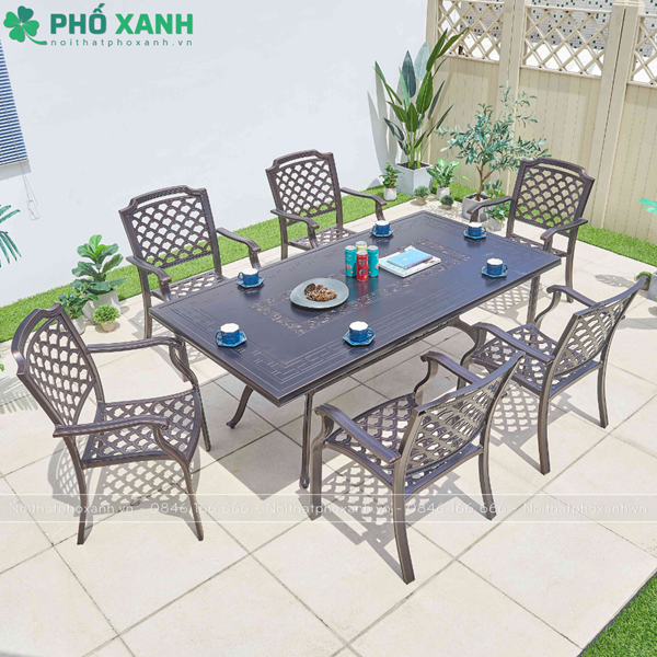 Bộ bàn ghế nhôm đúc mặt liền hình chữ nhật 6 ghế BND-ML19098VD