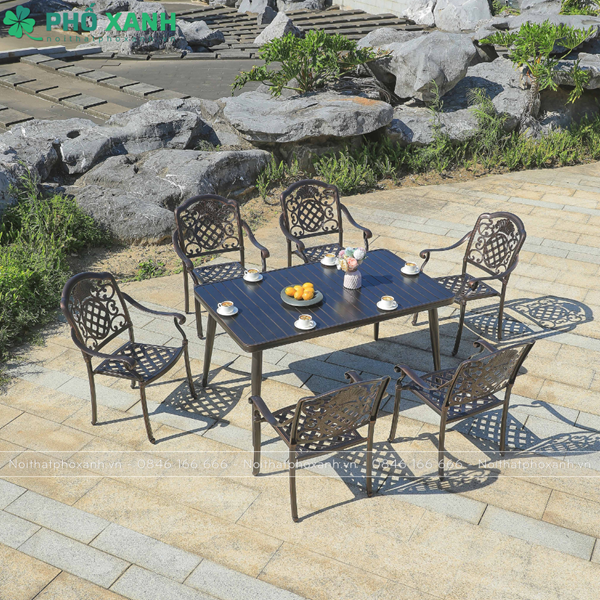 Bộ b&agrave;n ghế ngo&agrave;i trời nan nh&ocirc;m đ&uacute;c 6 ghế BND-NN15090D