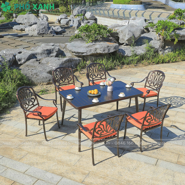 Bộ bàn ghế ngoài trời nan nhôm đúc 6 ghế BND-NN15090D