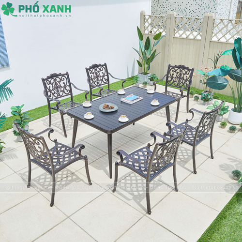Bộ bàn ghế nhôm đúc sân vườn biệt thự nan nhôm đúc 6 ghế BND-NN15090VD