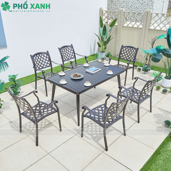 Bộ bàn ghế nhôm đúc sân vườn biệt thự nan nhôm đúc 6 ghế BND-NN15090VD