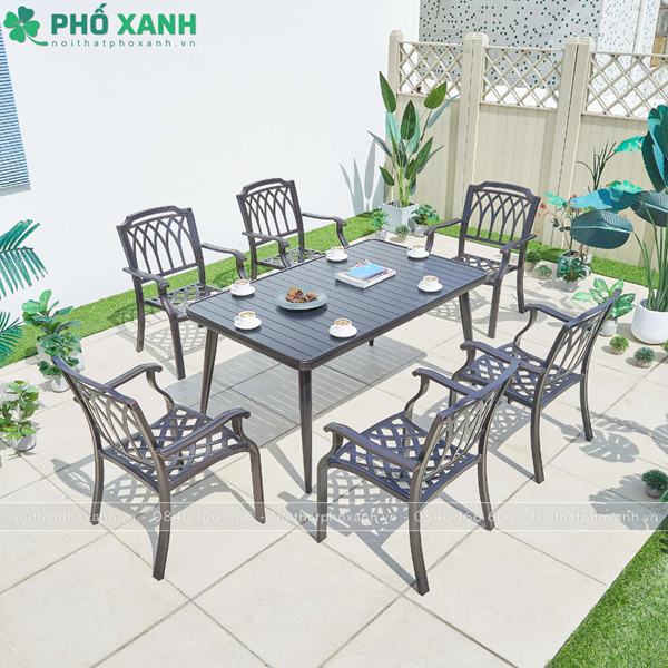 Bộ bàn ghế nhôm đúc sân vườn biệt thự nan nhôm đúc 6 ghế BND-NN15090VD