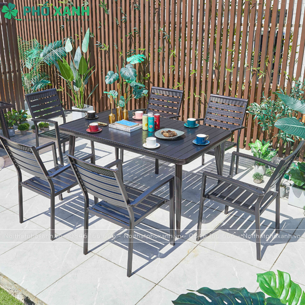 Bộ b&agrave;n ghế nh&ocirc;m đ&uacute;c nh&agrave; h&agrave;ng biệt thự nan nh&ocirc;m đ&uacute;c 6 ghế BND-NN15090ND