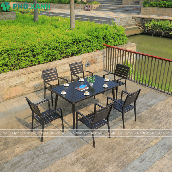 Bộ bàn ghế nhôm đúc nhà hàng biệt thự nan nhôm đúc 6 ghế BND-NN15090ND
