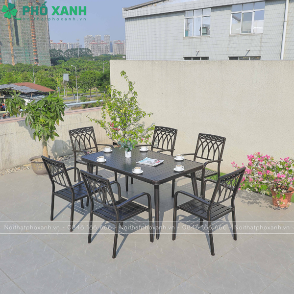 Bộ bàn ghế nhôm đúc nhà hàng biệt thự nan nhôm đúc 6 ghế BND-NN15090ND