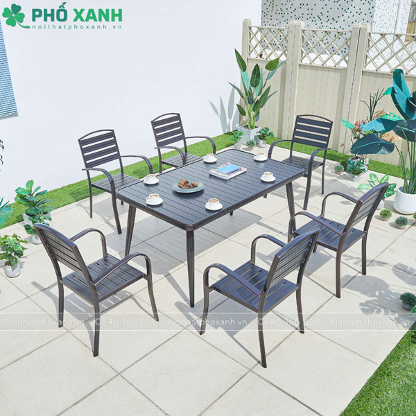 Bộ bàn ghế nhôm đúc nhà hàng biệt thự nan nhôm đúc 6 ghế BND-NN15090ND