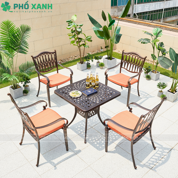 Bộ bàn ghế hợp kim nhôm đúc hình vuông ngoài trời BND-8080CRD