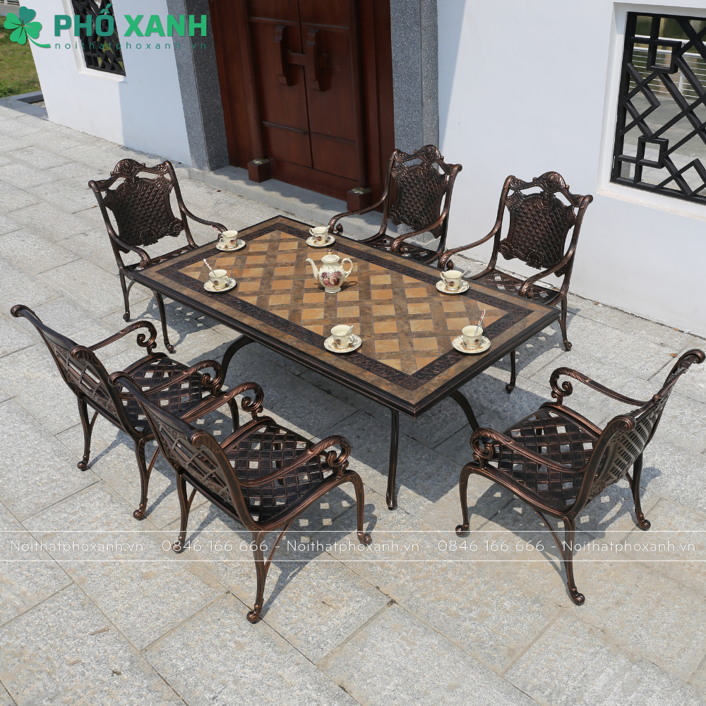 Bộ bàn ghế nhôm đúc mặt đá 6 ghế nhập khẩu cao cấp BN-MD18998CCD
