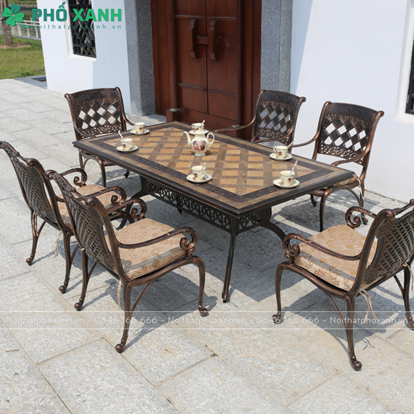 Bộ bàn ghế nhôm đúc mặt đá 6 ghế nhập khẩu cao cấp BN-MD18998CCD