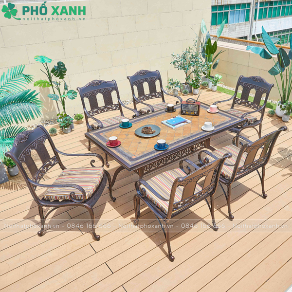 Bộ bàn ghế nhôm đúc mặt đá 6 ghế nhập khẩu cao cấp BN-MD18998CCD