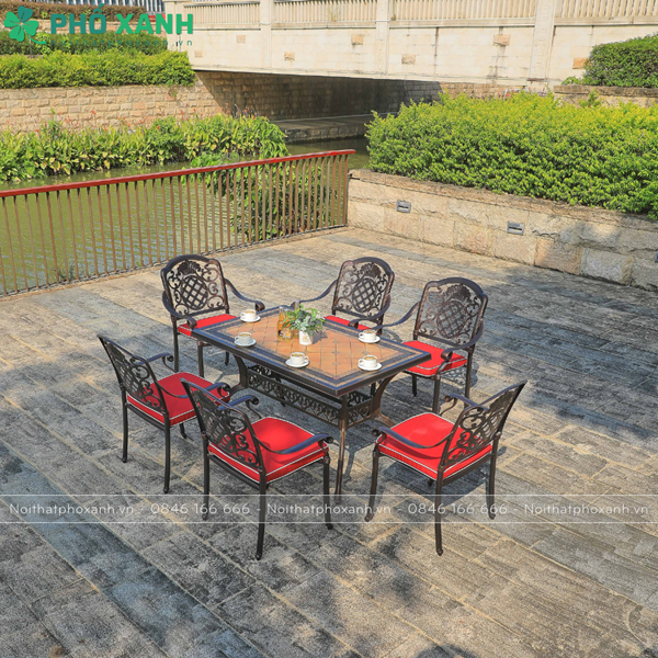 Bộ bàn ghế nhôm đúc mặt đá 6 ghế dành cho nhà hàng, sân vườn BND-MD16290D