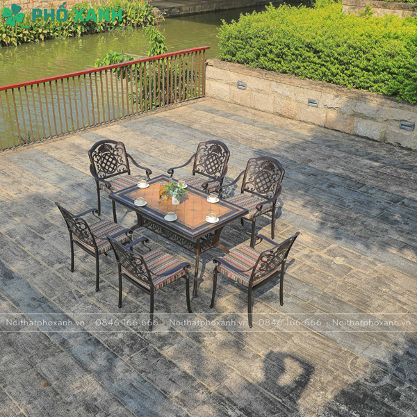 Bộ bàn ghế nhôm đúc mặt đá 6 ghế dành cho nhà hàng, sân vườn BND-MD16290D