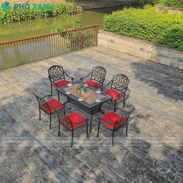 Bộ bàn ghế nhôm đúc mặt đá 6 ghế dành cho nhà hàng, sân vườn BND-MD16290D