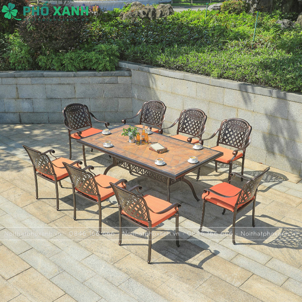 Bộ bàn ghế nhôm đúc mặt đá 8 ghế sân thượng BND-MD18998D