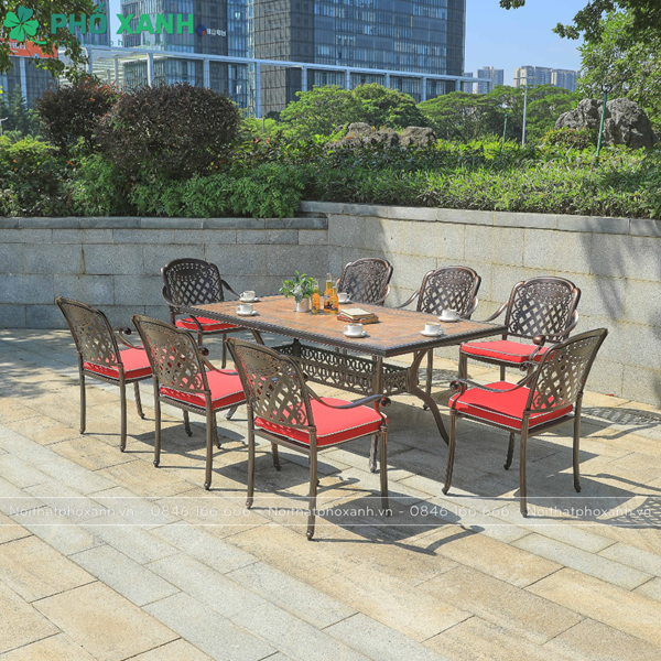 Bộ bàn ghế nhôm đúc mặt đá 8 ghế sân thượng BND-MD18998D