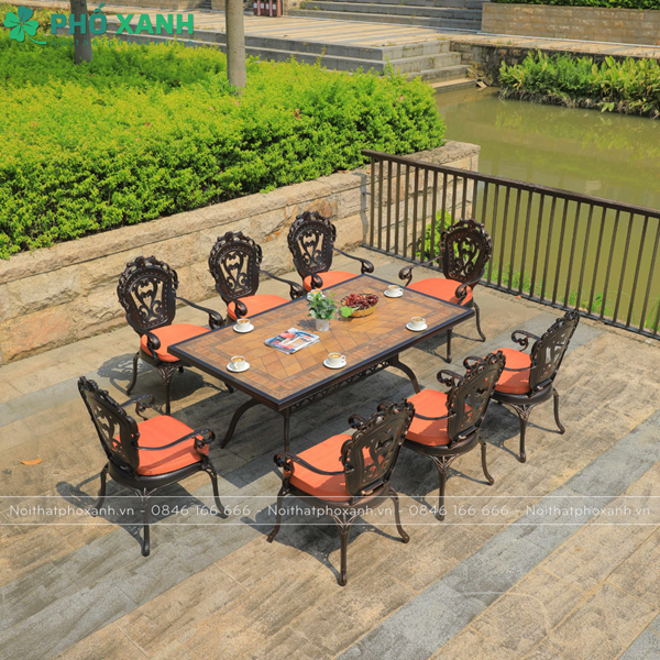 Bộ bàn ghế nhôm đúc mặt đá 6- 8 ghế nhập khẩu cao cấp BND-MD18998TTD