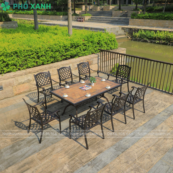 Bộ bàn ghế nhôm đúc mặt đá 8 ghế nhập khẩu BND-MD18998VD