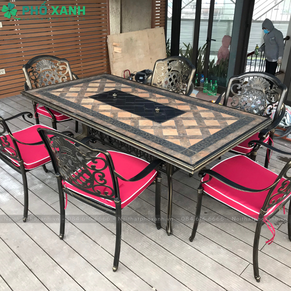 Bàn ghế nhôm đúc mặt đá ngoài trời kết hợp nướng cho 8 người BND-N18998D