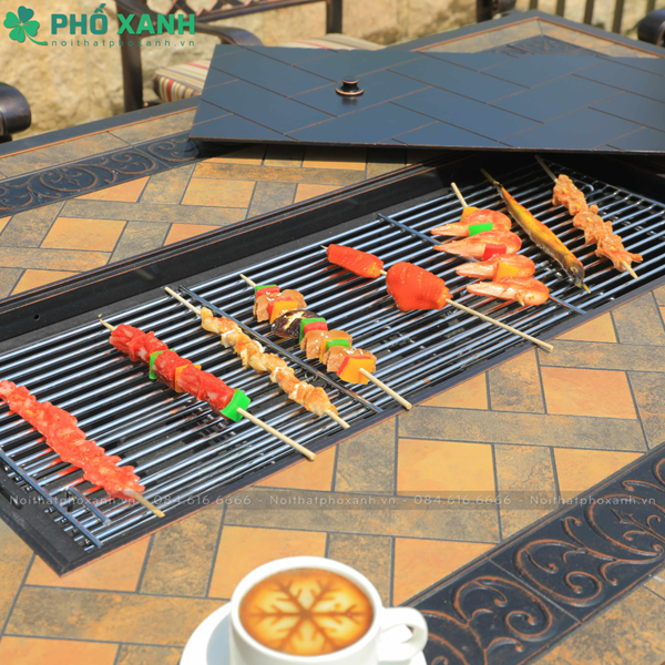 Bàn ghế nhôm đúc mặt đá sân vườn ngoài trời kết hợp nướng điện BND-N18998CCD