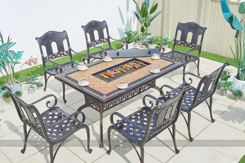B&agrave;n ghế nh&ocirc;m đ&uacute;c mặt đ&aacute; s&acirc;n vườn ngo&agrave;i trời kết hợp nướng điện BND-N18998CCD