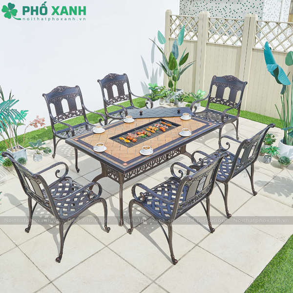 Bàn ghế nhôm đúc mặt đá sân vườn ngoài trời kết hợp nướng điện BND-N18998CCD