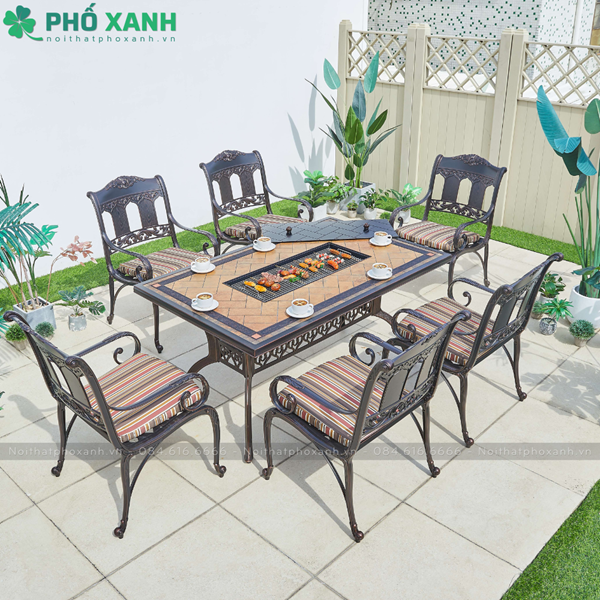 Bàn ghế nhôm đúc mặt đá sân vườn ngoài trời kết hợp nướng điện BND-N18998CCD