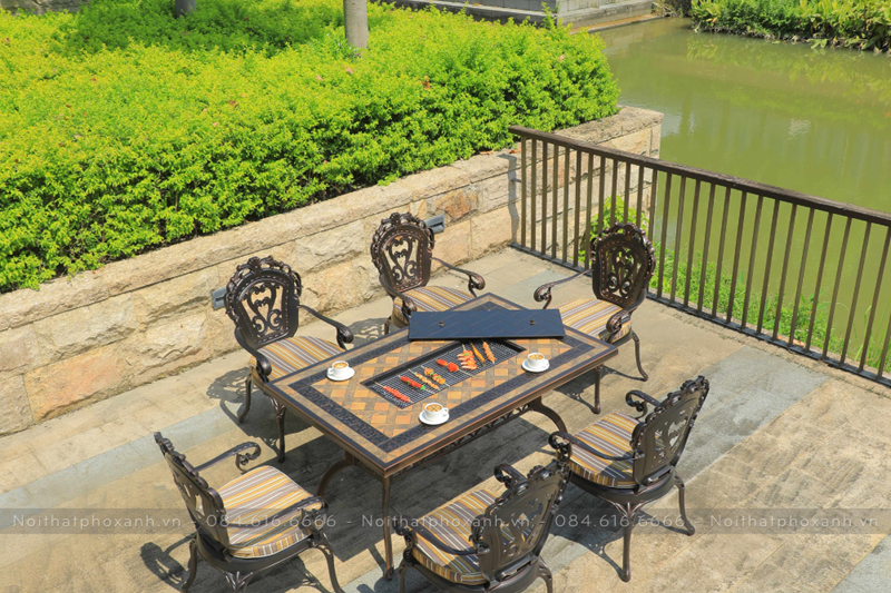 Bộ b&agrave;n ghế nh&ocirc;m đ&uacute;c mặt đ&aacute; s&acirc;n vườn kết hợp nướng điện BND-N18998TTD