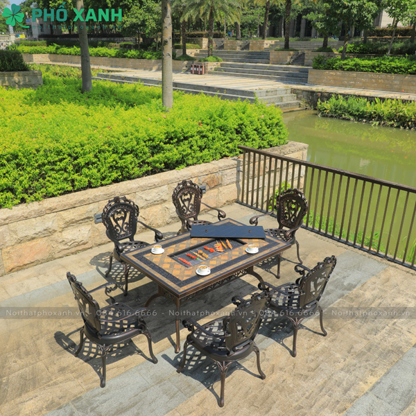 Bộ bàn ghế nhôm đúc mặt đá sân vườn kết hợp nướng điện BND-N18998TTD