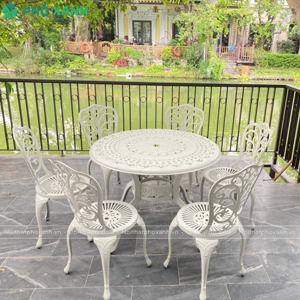 Bộ bàn ghế hợp kim nhôm đúc màu trắng sân vườn BND-100NTK