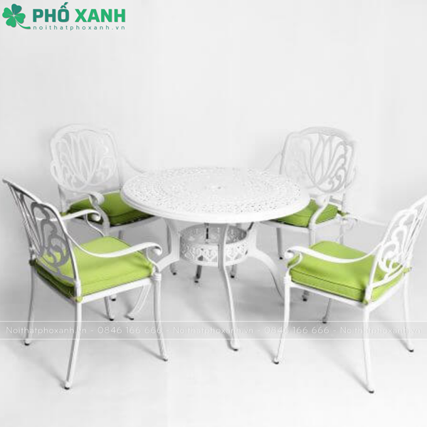 Bộ bàn ghế hợp kim nhôm đúc màu trắng ngoài trời BND-100TK
